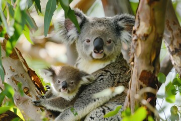 An adorable koala mother cuddles her joey while perched in the fork of a eucalyptus tree, surrounded by green leaves.