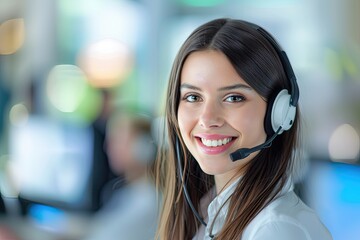 A cheerful customer service representative with a headset smiling confidently in a bright office setting.