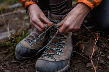 closeup of backpackers hands tying sturdy boot laces