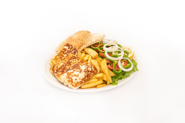 Hallumi with french fries and salad