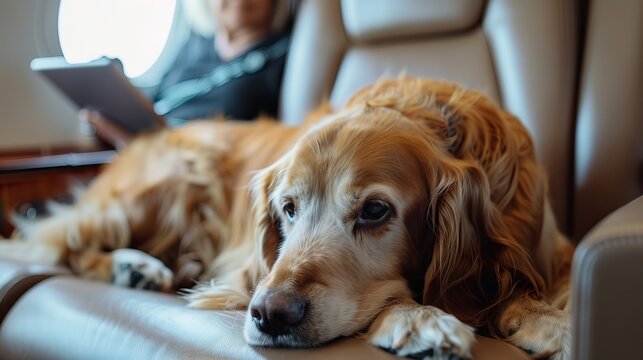 Close-up portrait of family dog relaxing on arm of chair in private plane cabin, with older woman engaged with tablet in background