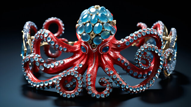 A red octopus with blue and white beads on it. The beads are in the shape of the octopus's eyes
