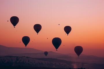 Fototapeta premium multiple balloons taking flight, pinkorange dawn sky