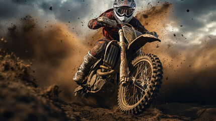 A man is riding a dirt bike through a muddy field. The dirt bike is covered in mud and the man is wearing a helmet. The scene is intense and action-packed
