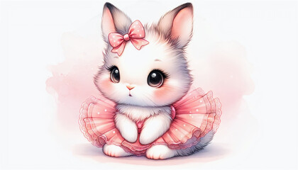 A charming illustration of a bunny in a pink dress, with a detailed bow and sweet expression, set against a soft, pastel background, embodying warmth and cuteness.