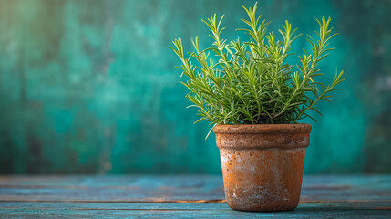A small potted plant sits on a wooden table. The plant is green and has a few leaves. The table is blue and the plant is the main focus of the image