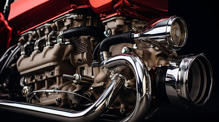 A close up of a motorcycle engine with a shiny chrome finish. The engine is red and black, and it is a vintage model. Concept of nostalgia and admiration for the classic design of the motorcycle