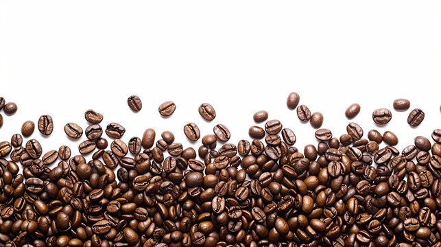 A pile of coffee beans on a white background. The beans are scattered and some are piled up