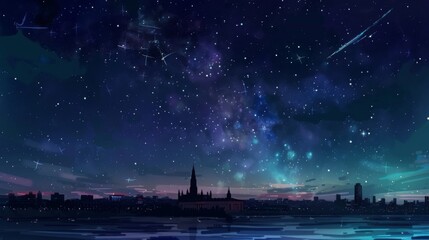 Starry Night Sky Over Cityscape