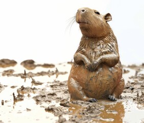capybara character covered in mud, sitting in a muddy environment.