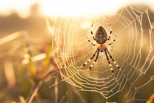 spider spinning its web in morning light