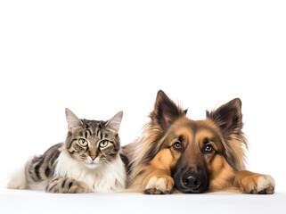 A large dog and a cat lie on a white background.