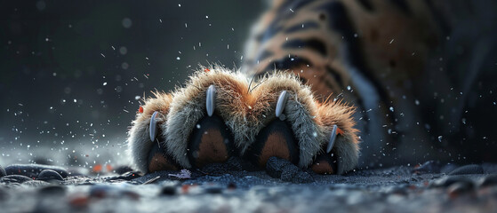 Powerful close-up of tiger paws in the wild, showcasing the majesty and strength of wildlife. - obrazy, fototapety, plakaty