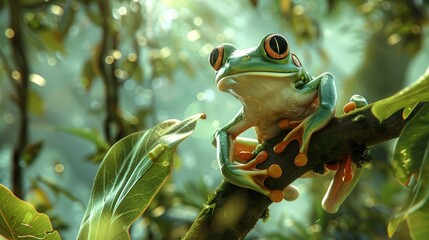Imagine a whimsical scene where a curious frog hops from a tree - obrazy, fototapety, plakaty