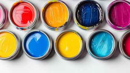 A row of paint cans with different colors. The colors are bright and vibrant, creating a cheerful and lively atmosphere. Concept of creativity and artistic expression