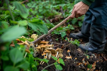 Obraz premium person using a stick to move foliage revealing mushrooms
