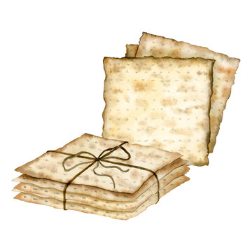 Square matzah Passover bread in stacks watercolor illustration isolated on white background. Traditional Pesach kosher food, hand drawn Jewish matzos for holiday designs