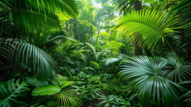 Exotic tropical forest with lush palm leaves and trees, wild jungle concept for panoramic wallpaper