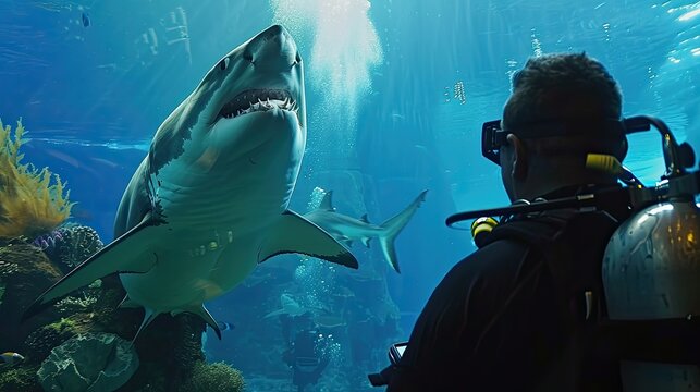 Paint a vivid picture of an underwater scene with fish shark