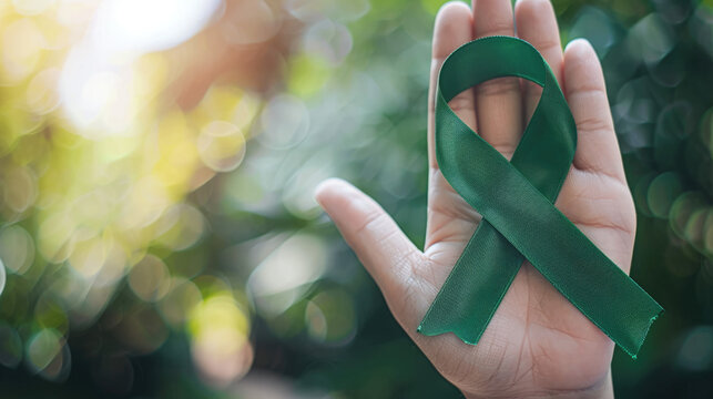 Mental health awareness week background - green ribbon in a hand with bokeh background