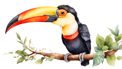toucan bird on a branch, watercolor illustration, png on transparent background