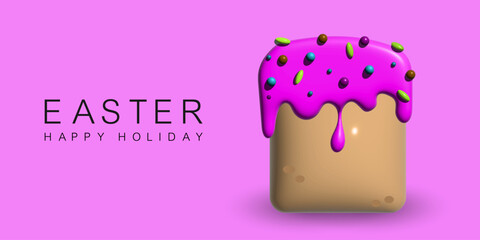 Banner design with congratulations on Easter. Easter cake with icing and caramel in 3D style. Bright pink colors and text Happy Easter