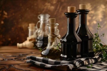Obraz na płótnie Canvas dark glass oil and vinegar bottles on a bistro table with checkered cloth
