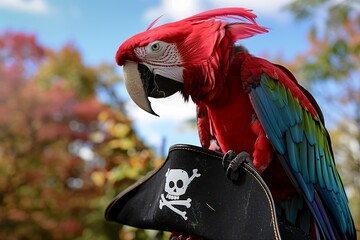 parrot with red feathers on black pirate hat outdoors