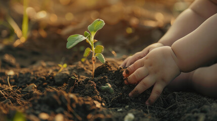 child planting young sapling in soil at sunset - a child's hands gently surround a young sapling, nurturing its growth in the fertile soil against the backdrop of a golden sunset.