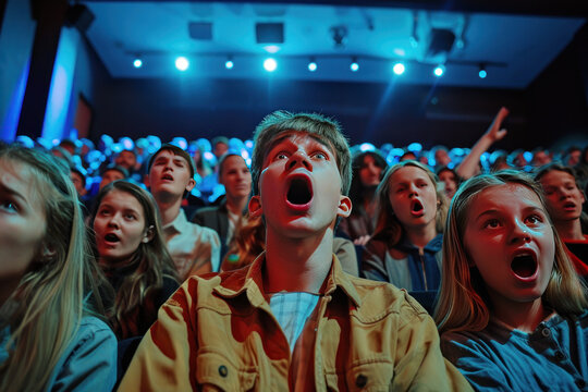 Students watching a thrilling scene at the cinema