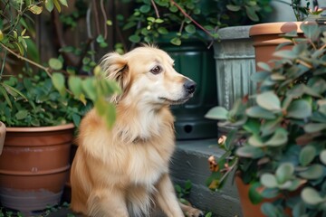 dog seated by potted plants, tail wagging