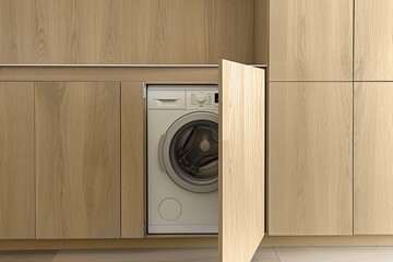 Washing machine integrated into wooden kitchen cabinets.
