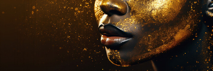 Face of an African American female model in gold powder makeup. Fashion banner mockup with shiny lipstick on lips with dark background.