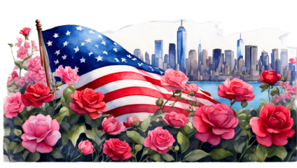independence day, american flag on the background of flowers and skyscrapers of new york, watercolor illustration, png on transparent background