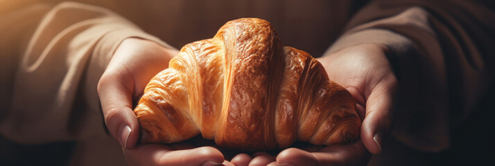 Women's hands hold a freshly baked croissant in the rays of the sun.
