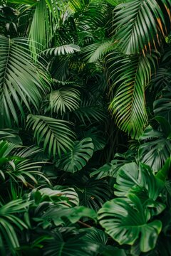 Exotic tropical forest, lush palm leaves, wild jungle trees, panoramic tropical plant wallpaper