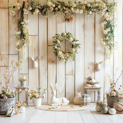 Fototapeta na wymiar wall decoration for spring Easter decor. Easter wreath with decorative elements on wooden background
