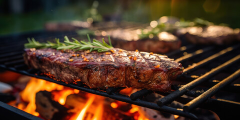 Large beef steaks are fried on a barbecue grill. Outdoor picnic or backyard party.