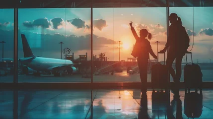 Foto op Canvas Silhouette family adventure: exploring the airport terminal together in warm glow © Ashi