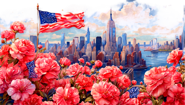 independence day, american flag on the background of flowers and skyscrapers of new york, watercolor illustration, png on transparent background