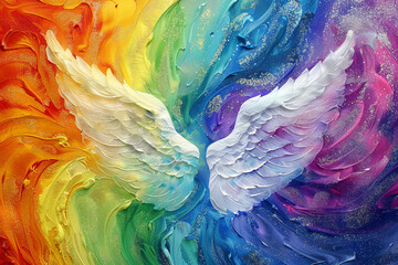 Titolo: Angel Wings on spiraling Rainbow colored Background with white energy between wings - obrazy, fototapety, plakaty