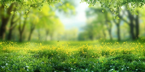 Fotobehang  Spring field with fresh nature. Green spring meadows with blurred forest in the background.A beautiful spring summer meadow. Natural colorful panoramic landscape with many wild flowers of daisies © Nice Seven