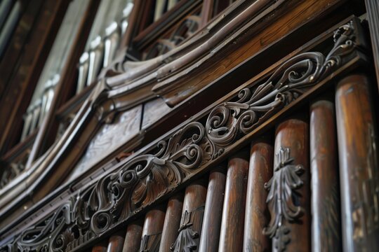 closeup of aged wood and intricate carvings on a pipe organ