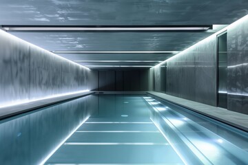 architectural shot of a sleek pool with linear led lights