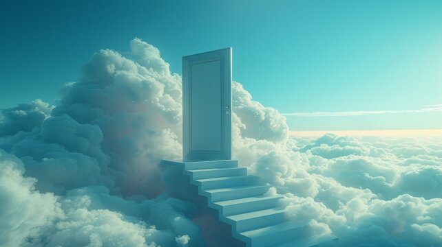 A staircase leading to a door in the sky, clouds around