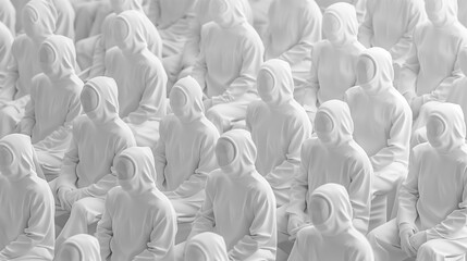 Uniformity Unveiled. Background of identical, monotonous faceless prototypes of people in white clothes. The concept of gray everyday life, people without opinion, submission.   - obrazy, fototapety, plakaty