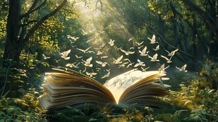Book with pages transforming into flying birds in a forest - obrazy, fototapety, plakaty