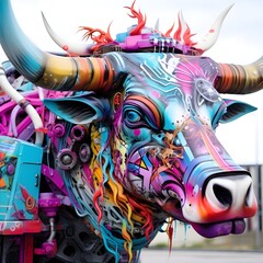 Robotic Highland Cow Amidst Whimsical Carnival Fun: A Summer Tradition - obrazy, fototapety, plakaty