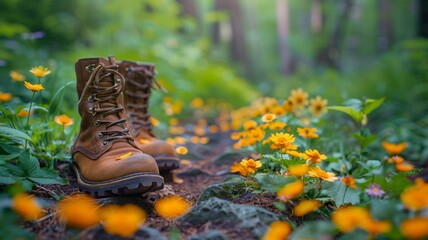 Boots leaving footprints that bloom into flowers on a path