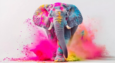 Festive Elephant Covered In Bright Holi Paint Powder Against White Background